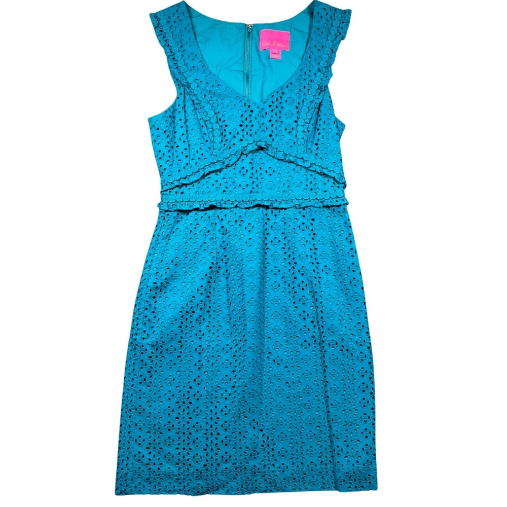 Lilly Pulitzer Women Shift Dress Teal Cotton Eyelet Lace 0 Preppy Summer 002519